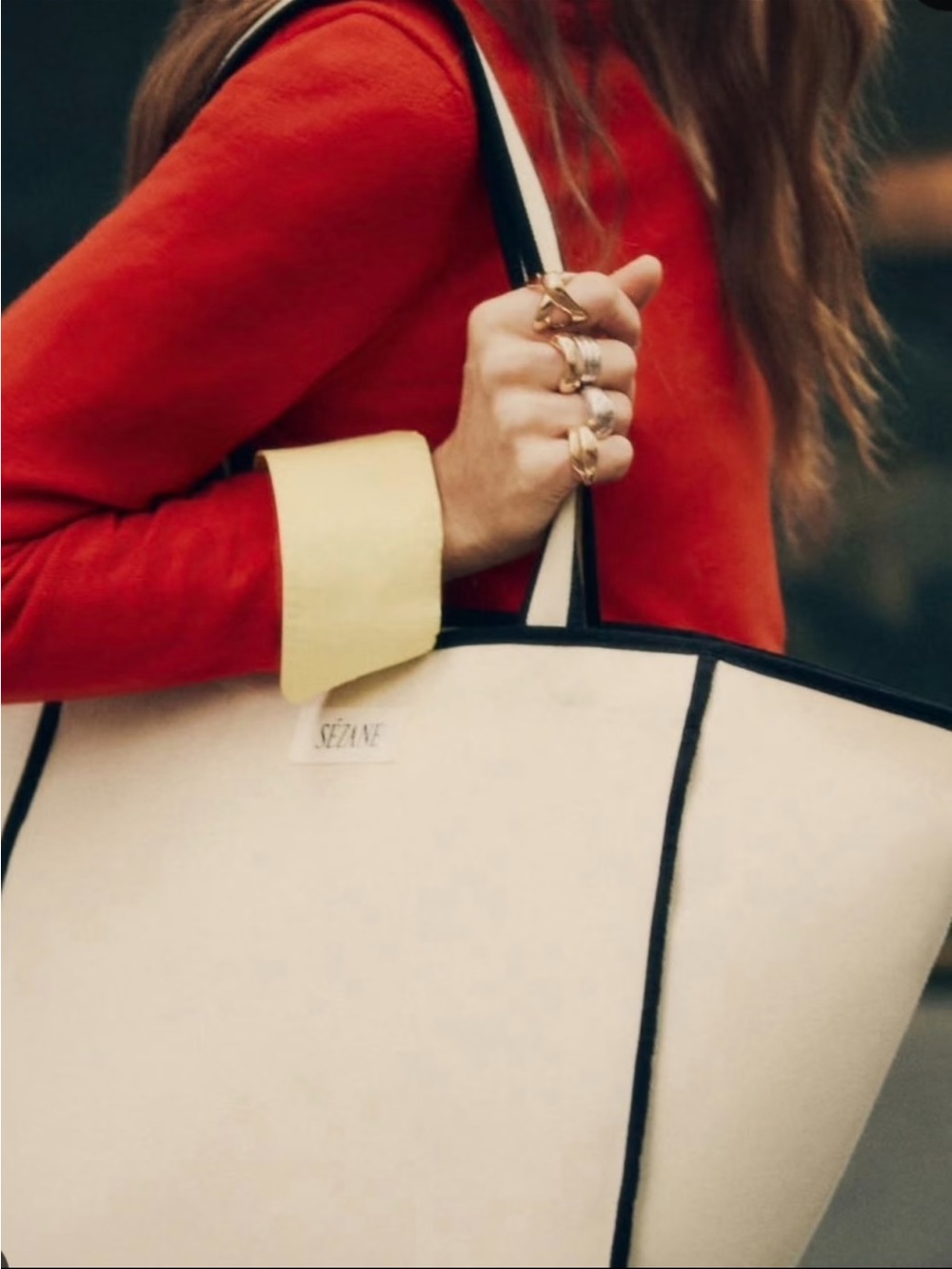 SEZANE Cream Tote Bag with Black Trim